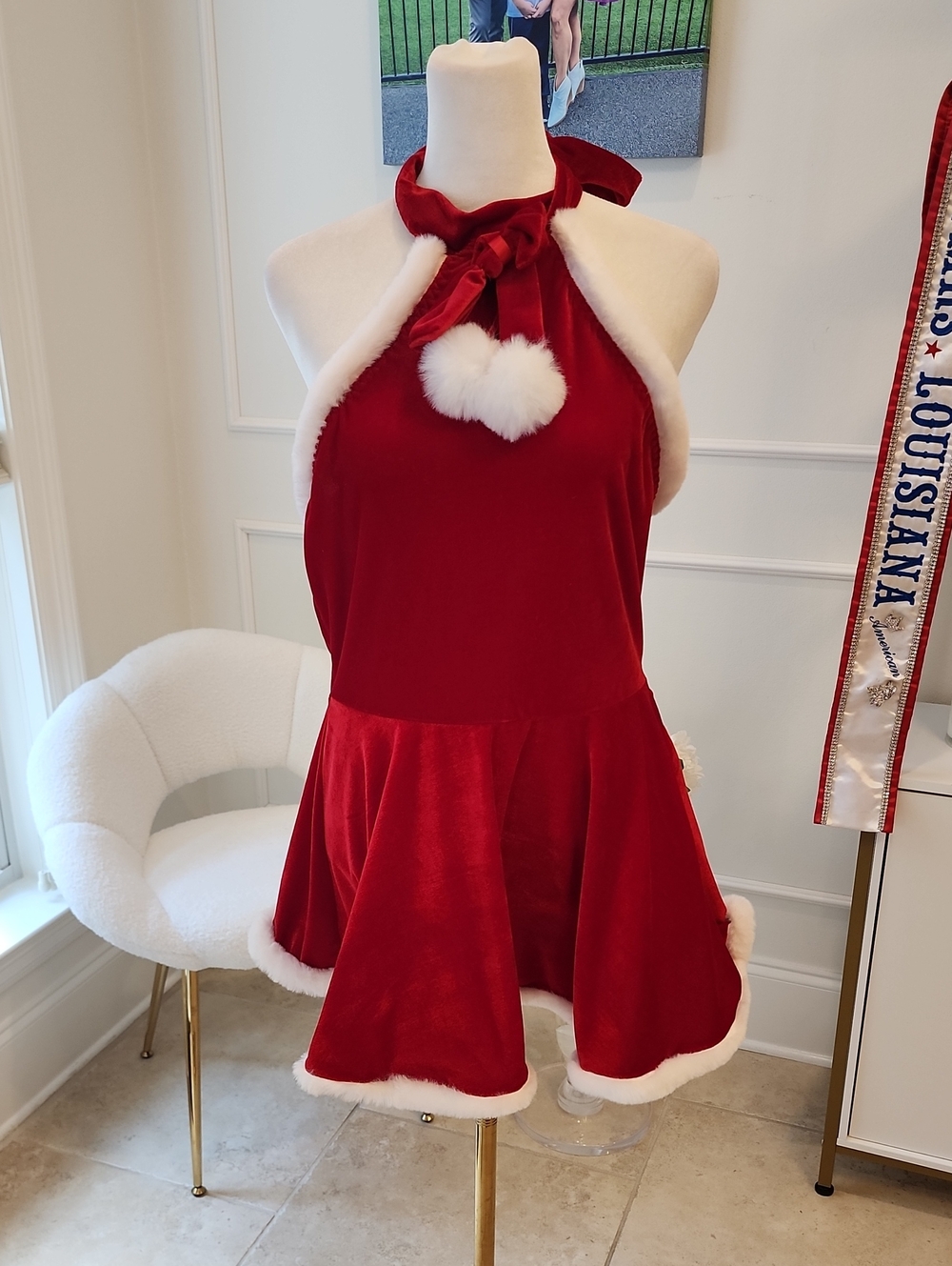 Holiday Velvet Halter Dress with White Faux Fur Trim